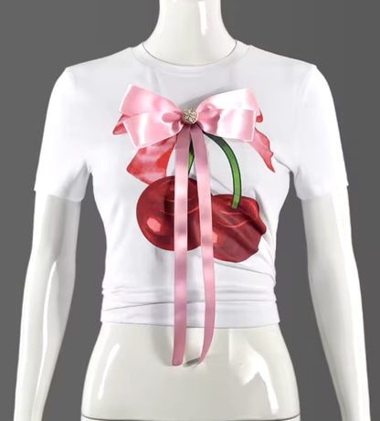 Cherry Bow Graphic Top White/Pink